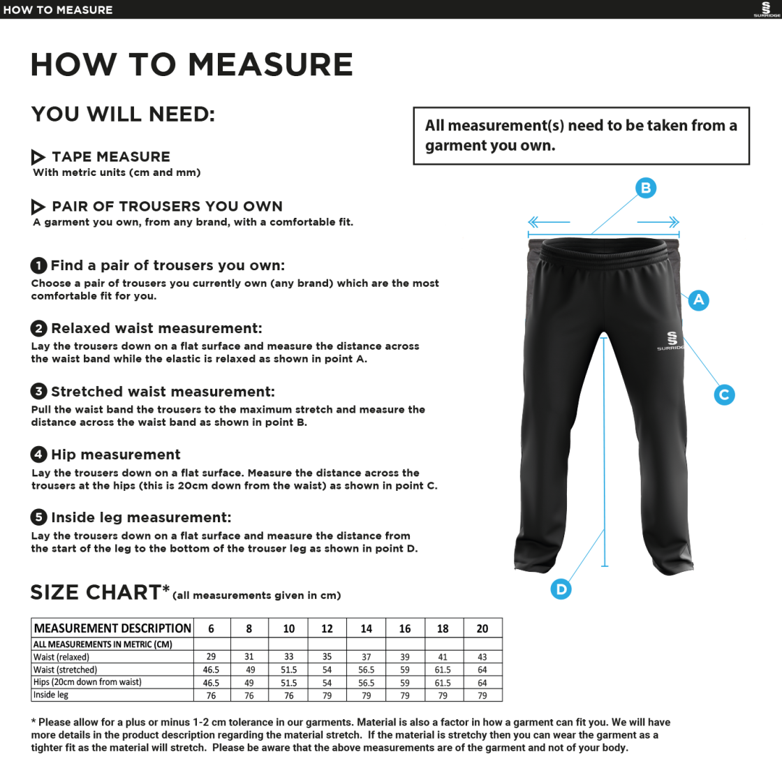Vickerstown CC - Women's Ripstop Tracksuit Pants - Size Guide