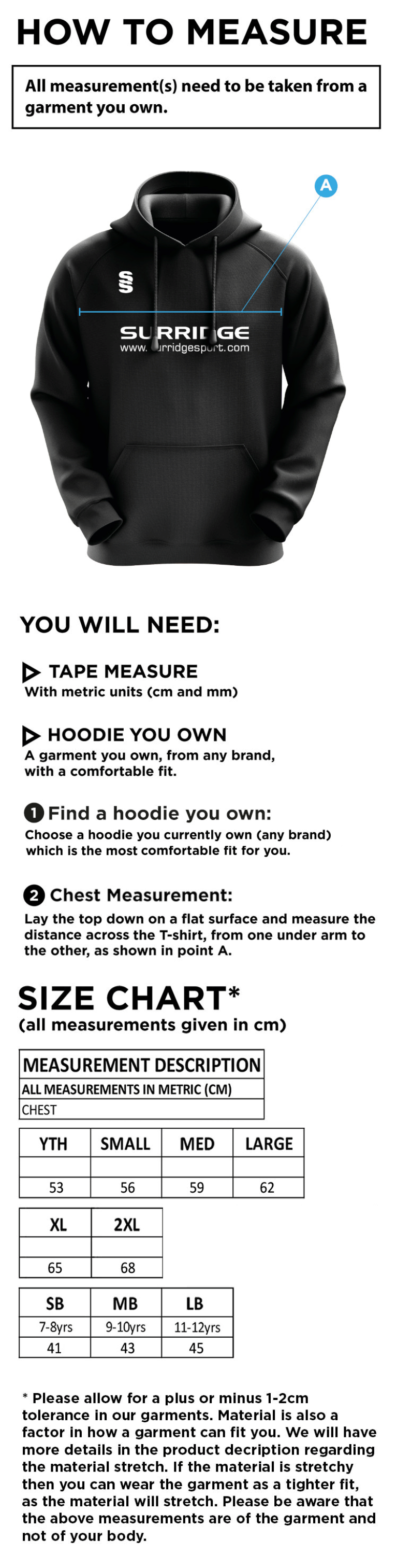 Vickerstown CC - Blade Hoody - Size Guide