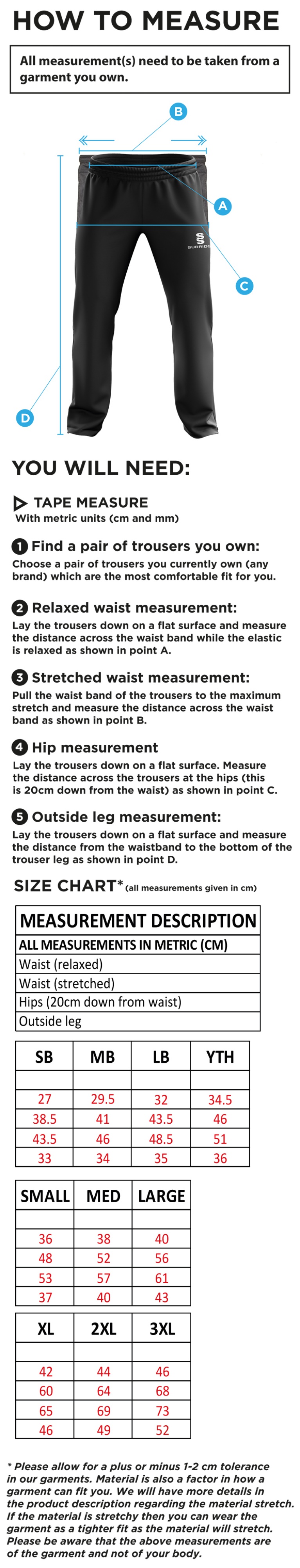 Vickerstown CC - Ripstop Tracksuit Pants - Size Guide