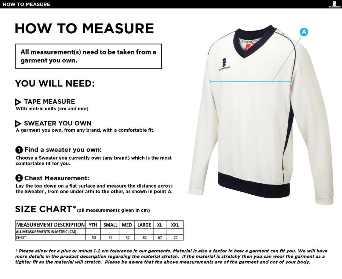 Vickerstown CC - Long Sleeve Cricket Sweater - Size Guide