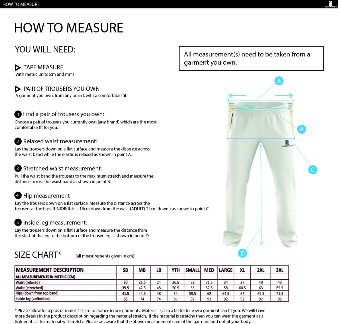 Vickerstown CC - Standard Playing Pant - Size Guide