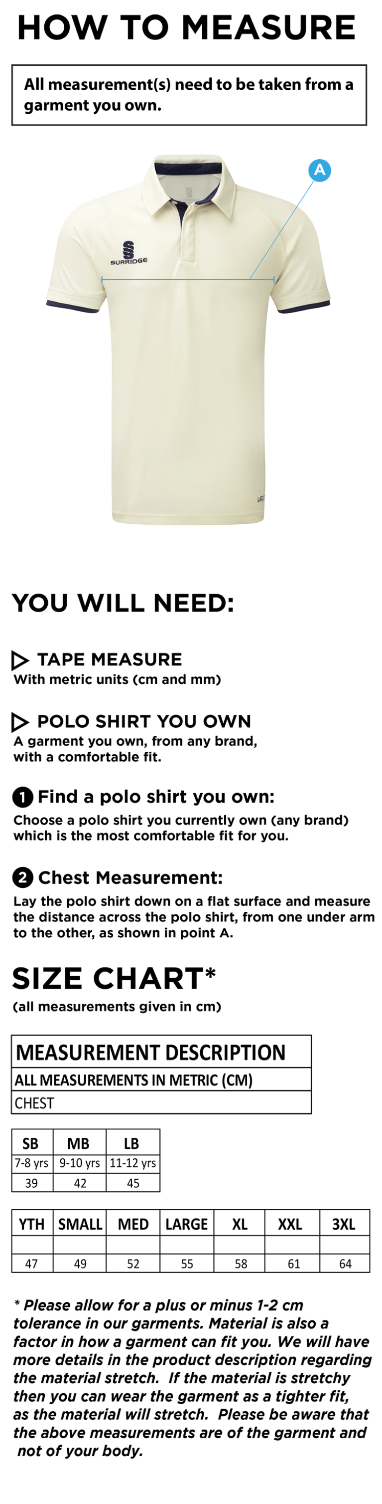 Vickerstown CC - Tek Short Sleeve Shirt - Size Guide