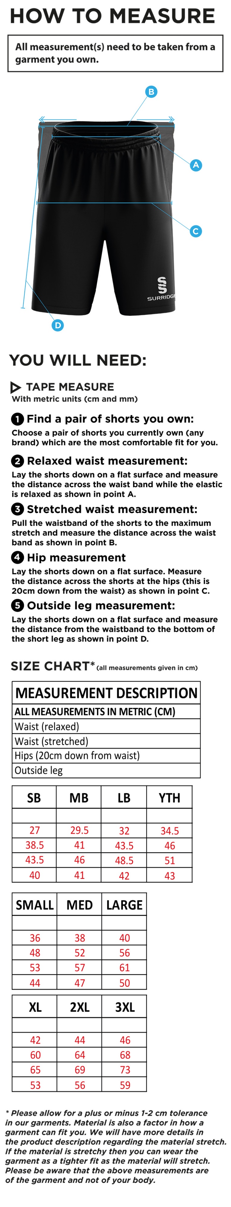 Vickerstown CC - Ripstop Training Shorts - Size Guide