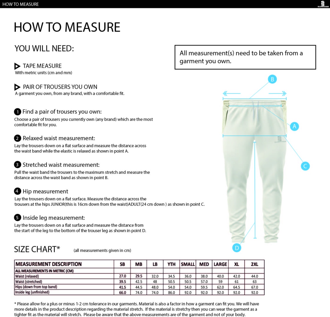 Vickerstown CC - Ergo Playing Pant - Size Guide