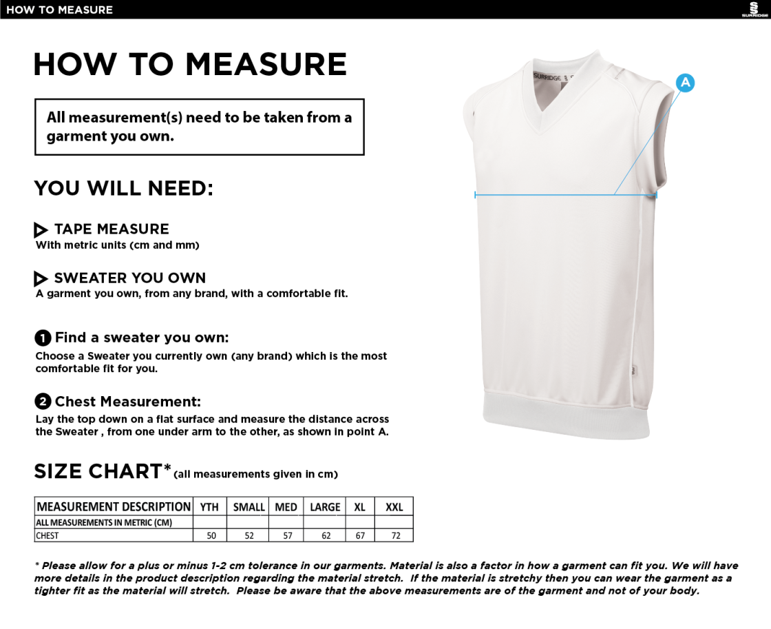 Vickerstown CC - Sleeveless Sweater - Size Guide