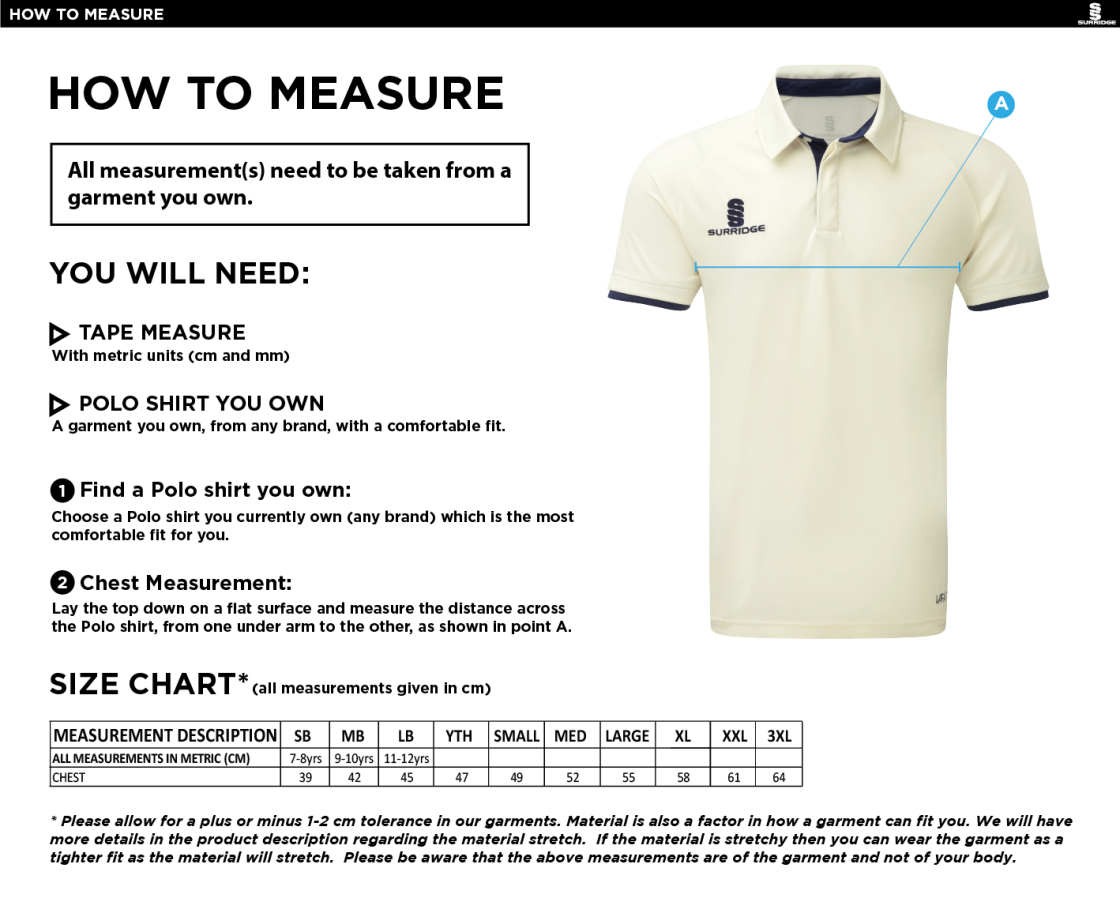 Vickerstown CC - Tek Short Sleeve Shirt - Size Guide
