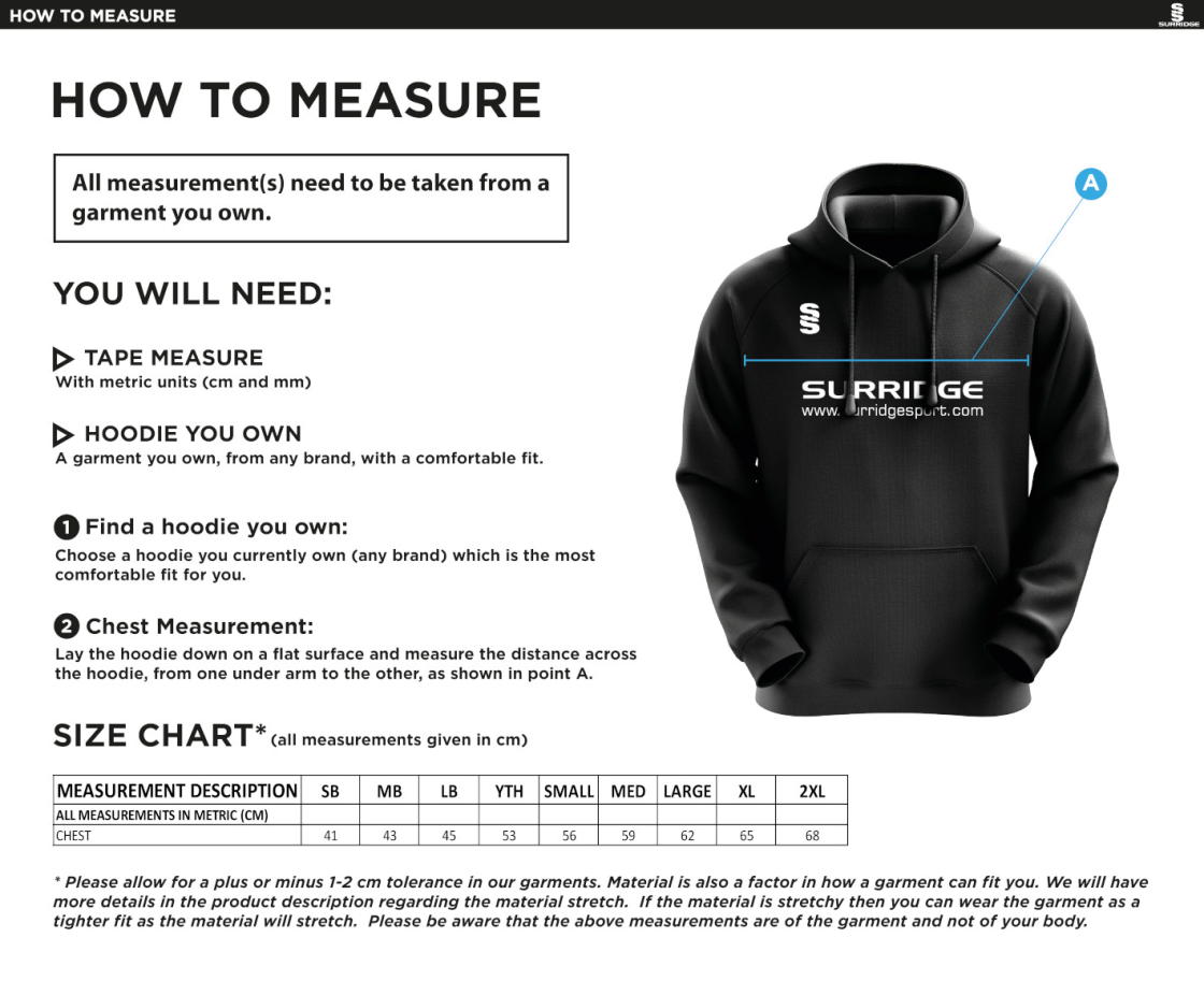 Vickerstown CC - Blade Hoody - Size Guide