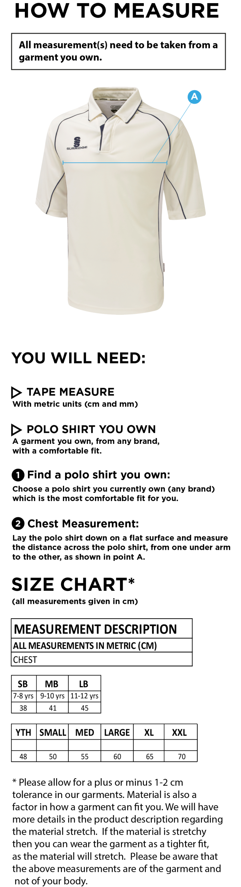 Vickerstown CC - 3/4 Sleeve Premier Shirt - Size Guide