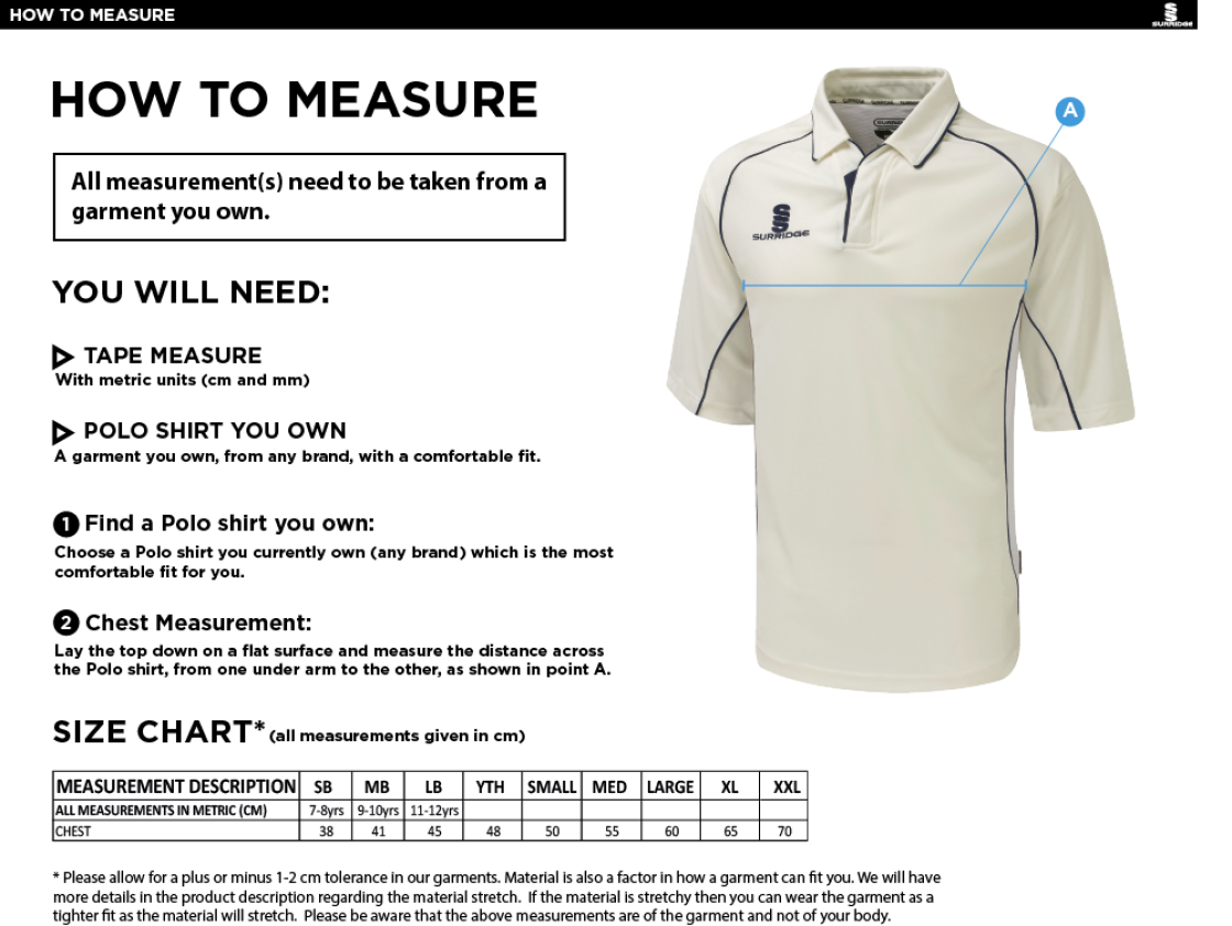 Vickerstown CC - 3/4 Sleeve Premier Shirt - Size Guide