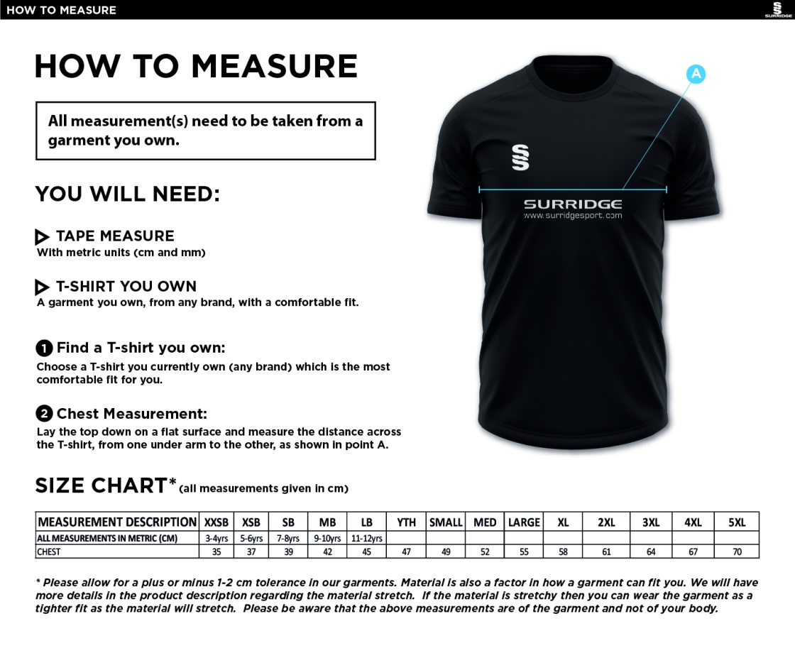 Vickerstown CC - Blade Training Shirt - Size Guide
