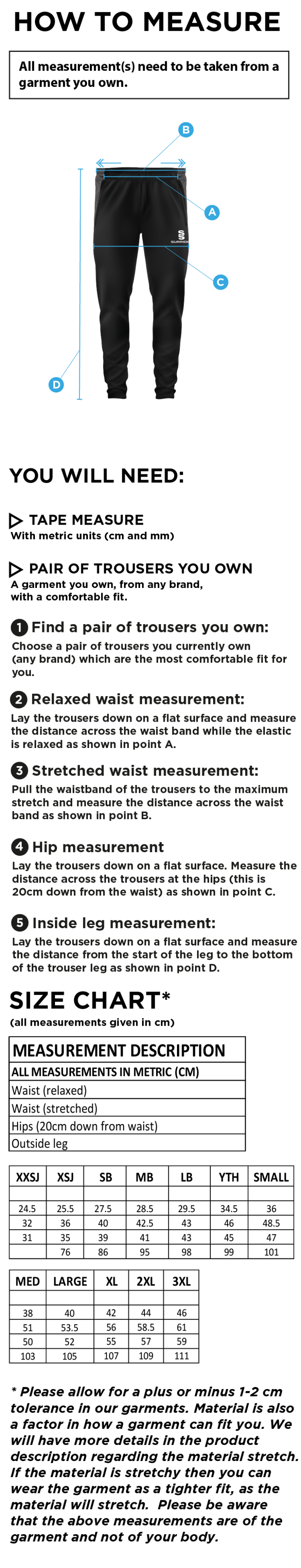 Vickerstown CC - Tek Skinny Pants - Size Guide
