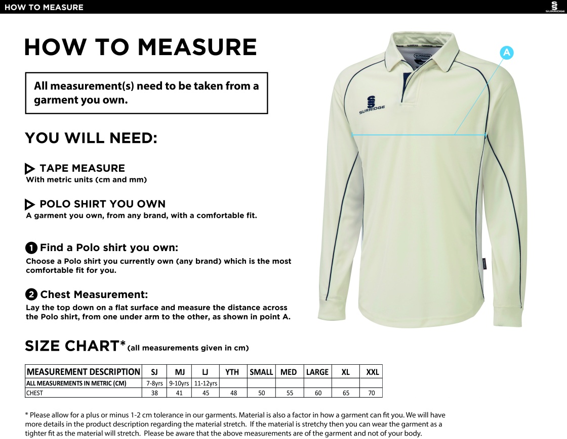 Vickerstown CC - Premier Long Sleeve Shirt - Size Guide