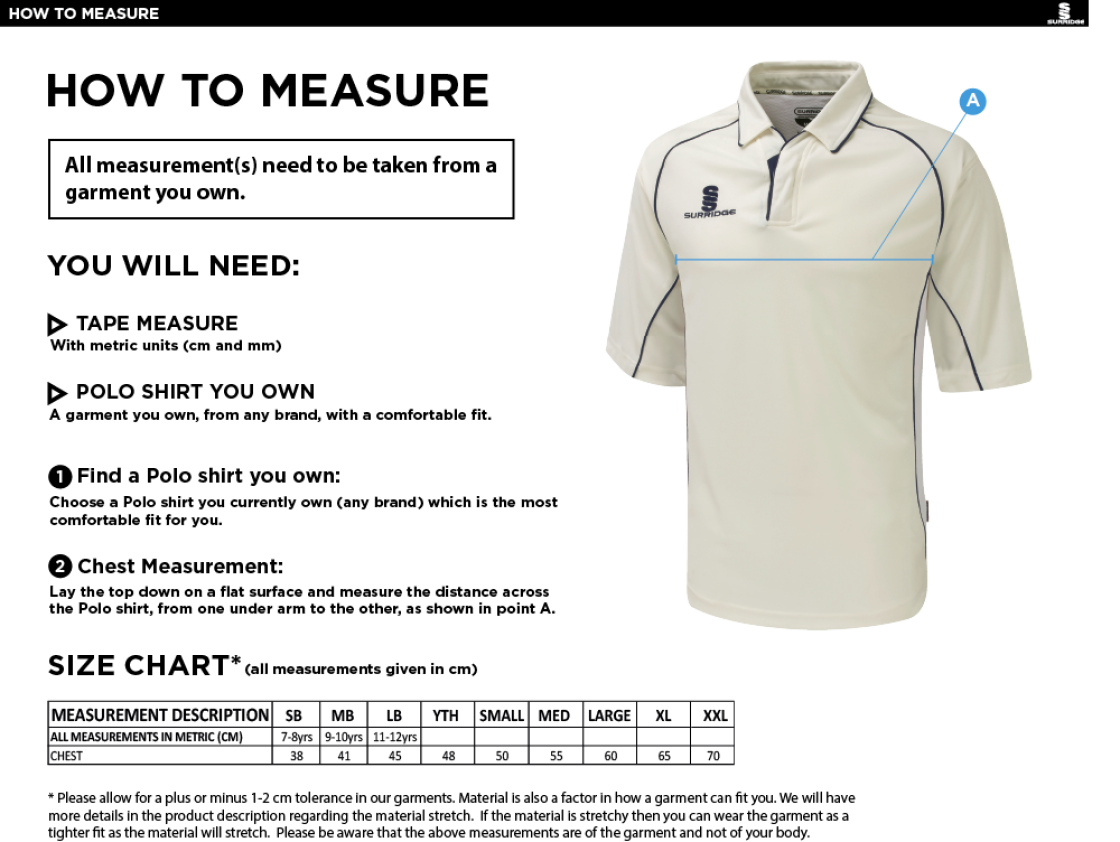 Vickerstown CC - 3/4 Sleeve Premier Shirt - Size Guide