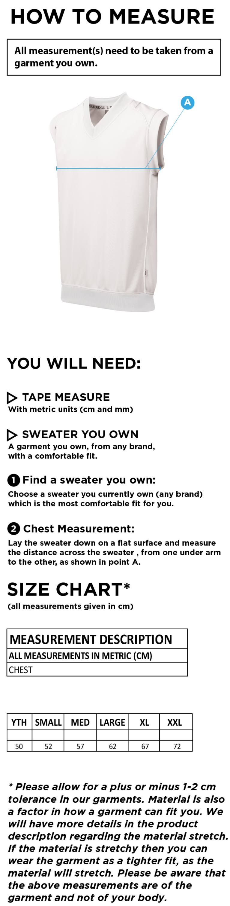 Vickerstown CC - Sleeveless Sweater - Size Guide