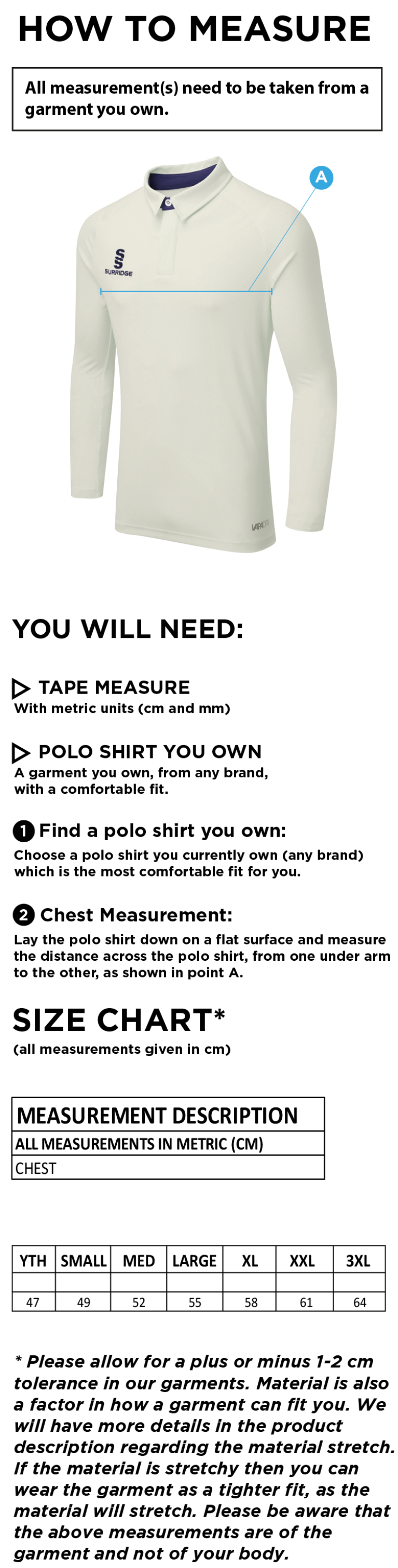 Vickerstown CC - Tek Long Sleeve Shirt - Size Guide