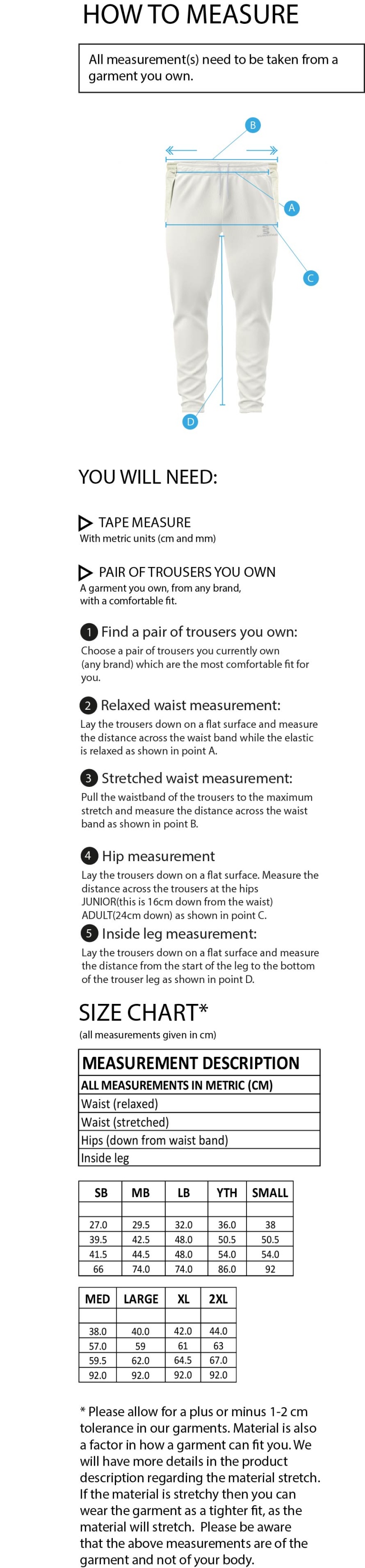 Vickerstown CC - Ergo Playing Pant - Size Guide