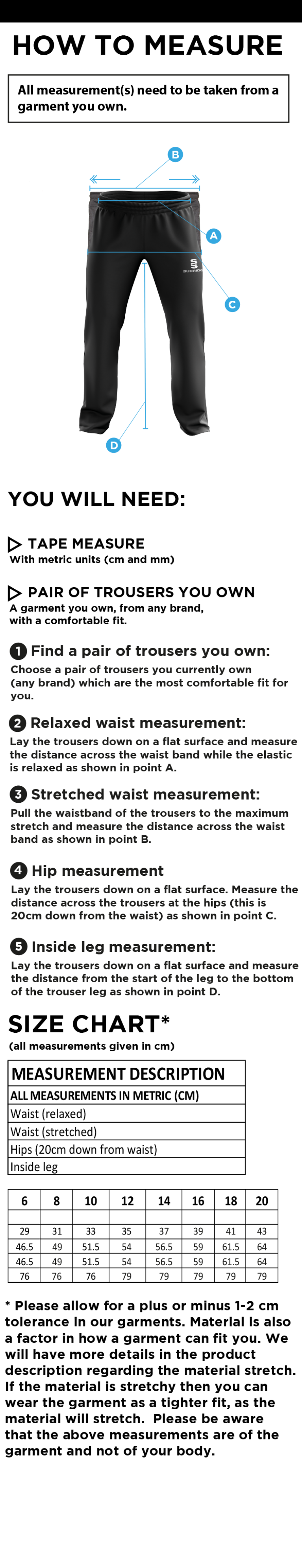 Vickerstown CC - Women's Ripstop Tracksuit Pants - Size Guide