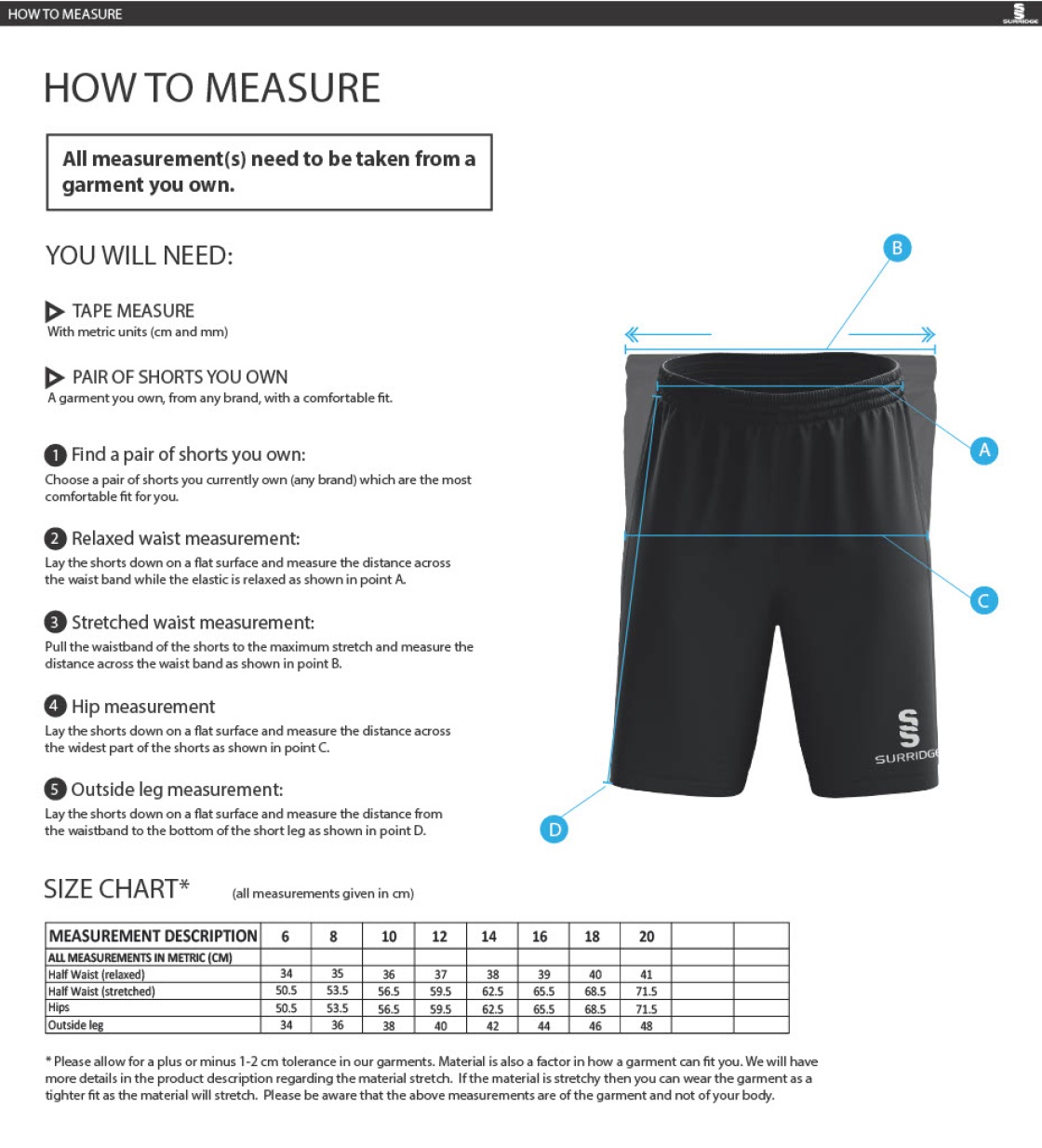 Vickerstown CC - Women's Ripstop Pocketed Shorts - Size Guide