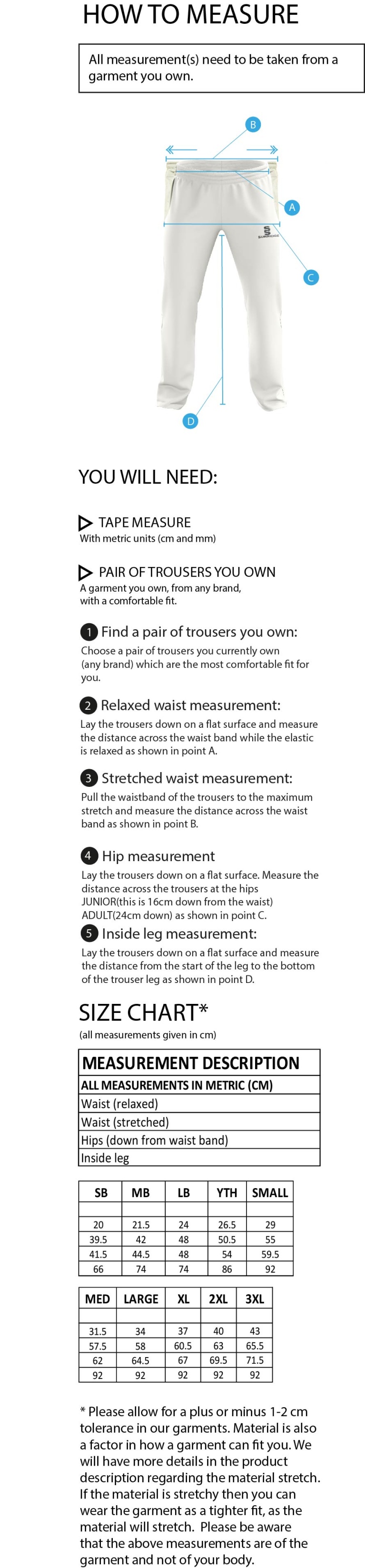 Vickerstown CC - Standard Playing Pant - Size Guide