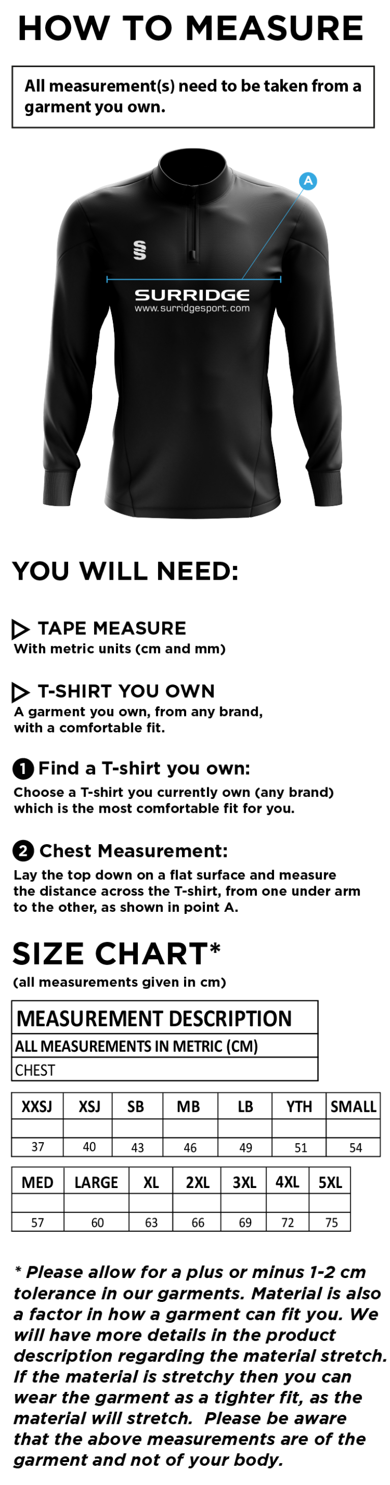 Vickerstown CC - Blade Performance Top - Size Guide