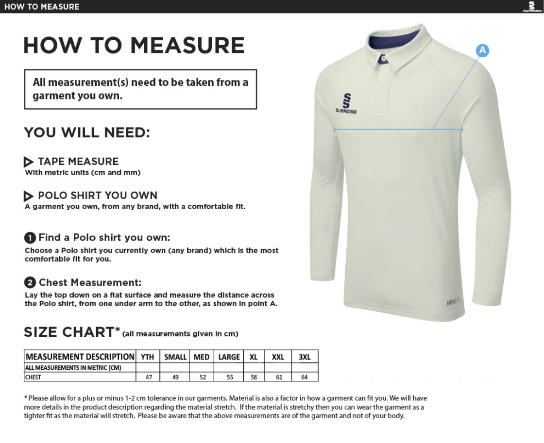 Vickerstown CC - Tek Long Sleeve Shirt - Size Guide