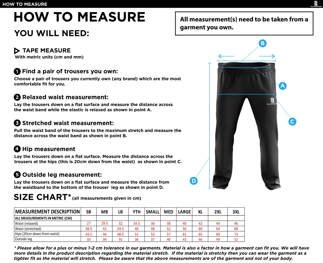 Vickerstown CC - Ripstop Tracksuit Pants - Size Guide