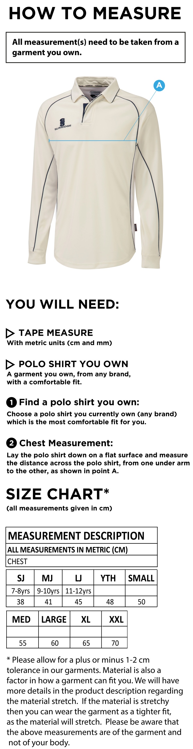 Vickerstown CC - Premier Long Sleeve Shirt - Size Guide